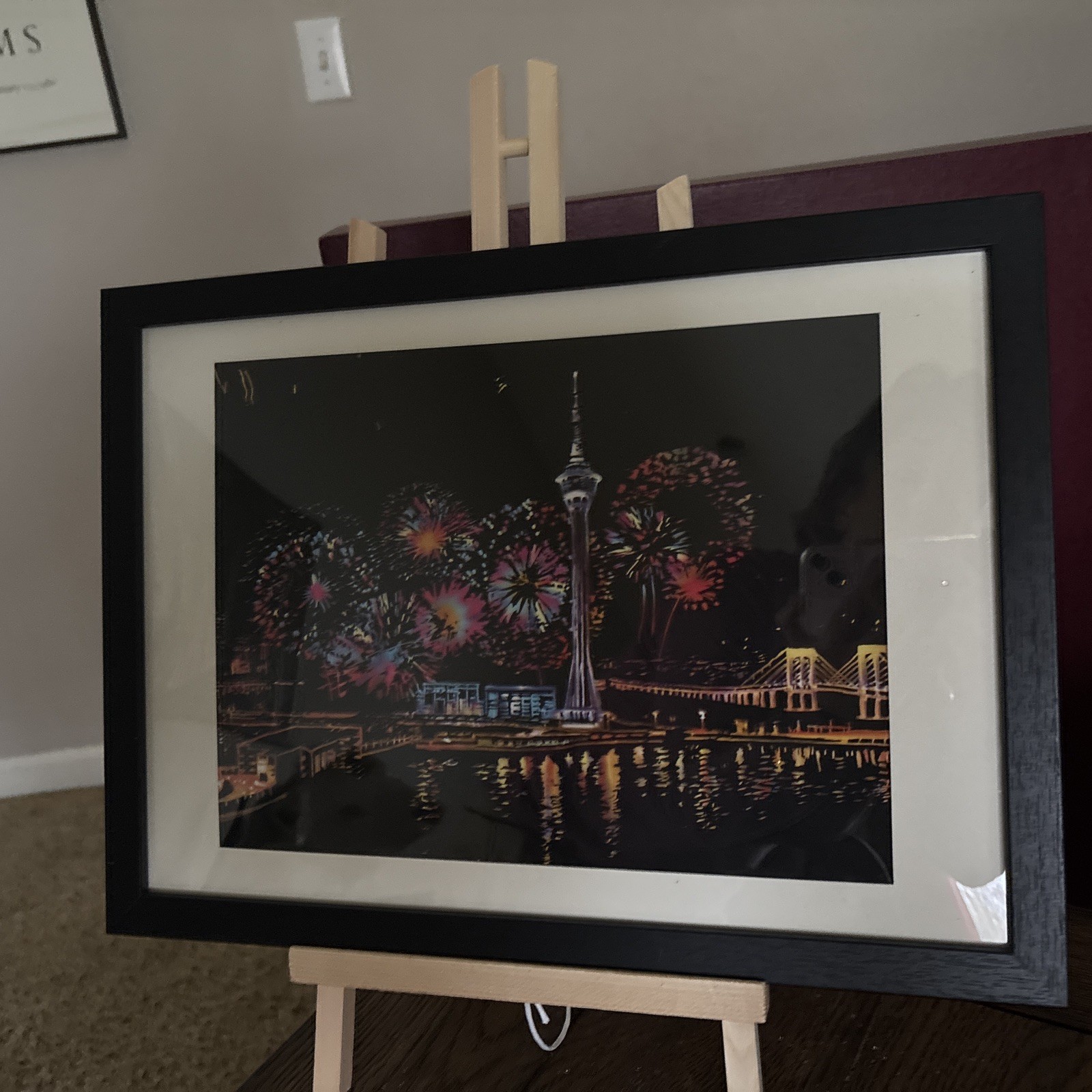 Completed and Framed Seattle 8x11 Scratch Art - Space Needle Picture