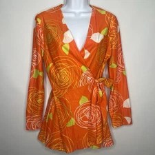 Vintage 70s Butterfield 8 Wrap Blouse Shirt Size L Orange Abstract Floral Disco