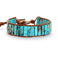 Boho Handmade Wrap Leather Tube Crystal Stone Bracelet for Women blue jasper