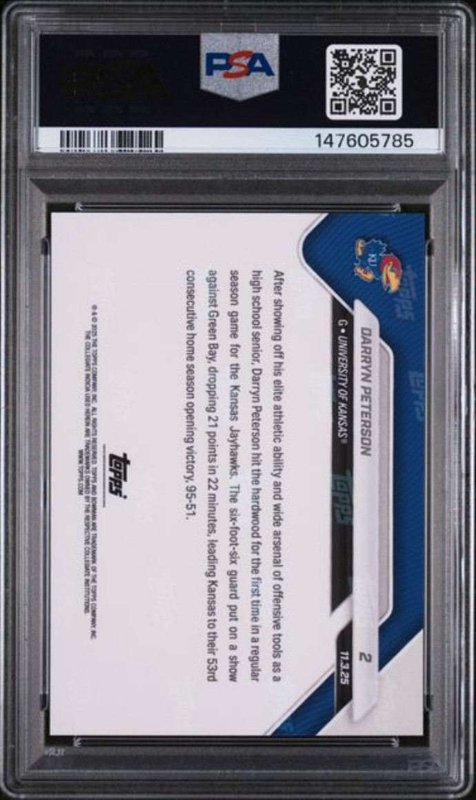 2025 BOWMAN U NOW #2 DARRYN PETERSON KANSAS NBA DRAFT PSA 10 view 2