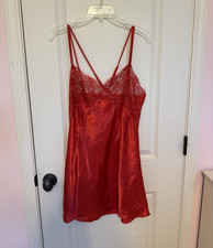 Vintage Victoria's Secret Red Satin Full Slip Lace Trim Adjustable Straps Size L
