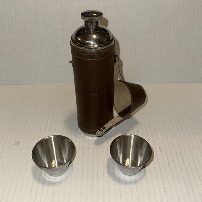 The MacAllan Scotch Whisky 7'' Flask Wrapped Leather Flask 2 Metal Shot Set