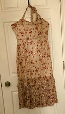 Lulus Floral Chiffon Slip Dress Midi V-Neck Sleeveless Beige/Pink M Zip Halter