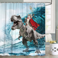 Funny Cat Shower Curtain, Cool Cat Dinosaur Japanese Ocean Wave Shower Curtain,
