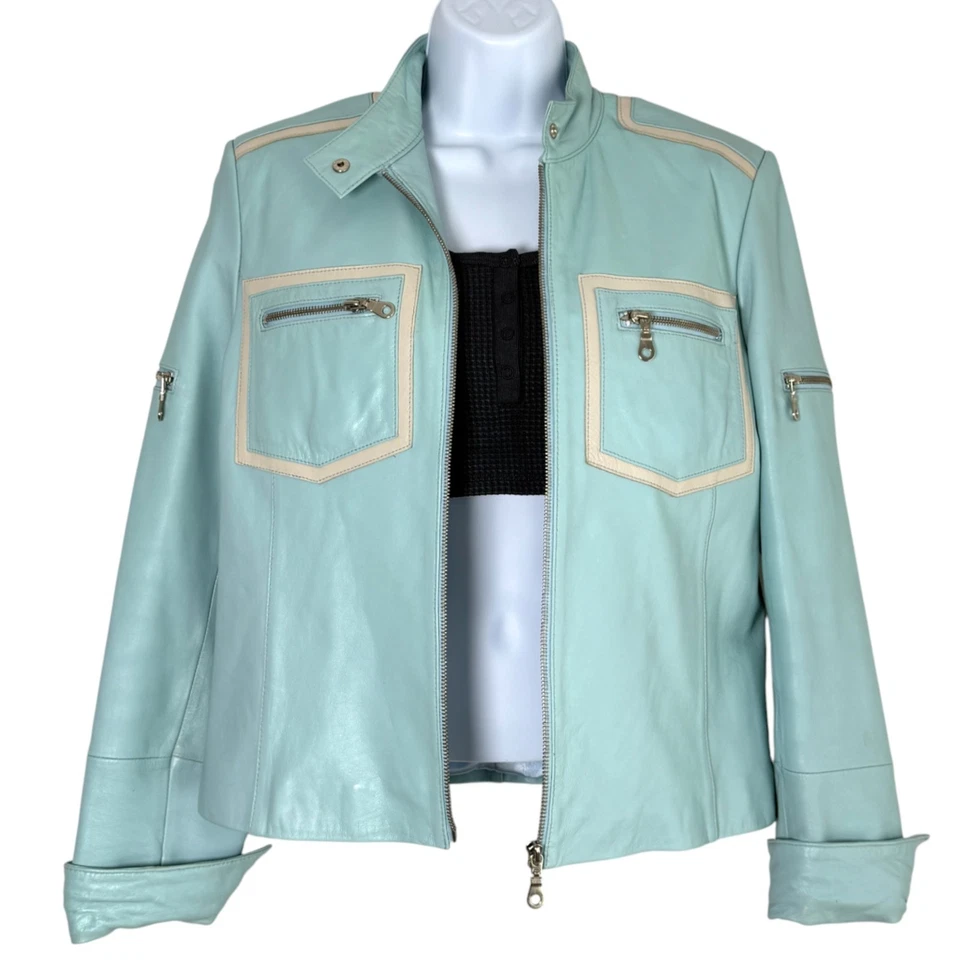 Chaqueta de Cuero Pamela McCoy Moto Racing Estilo Azul Claro Talla S Y2K Edgy Retro Foto 4 de 4