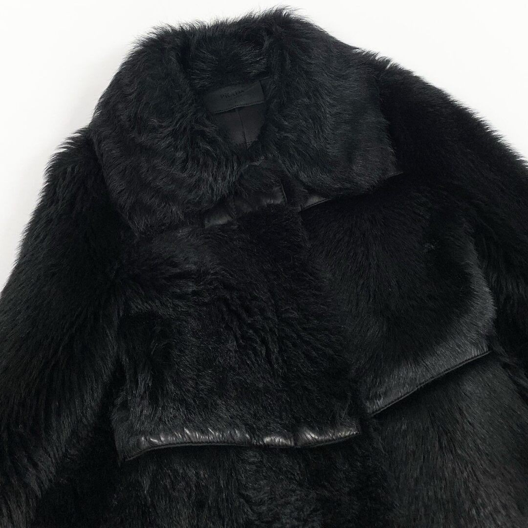 38b9 Vintage PRADA Real Fur Coat Mouton Leather Long Black Sheep Used AYAN-0 thumbnail 4