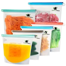 New Improved Reusable Silicone Food Bags 6 Freezer Storage & Sous Vide Cooking 