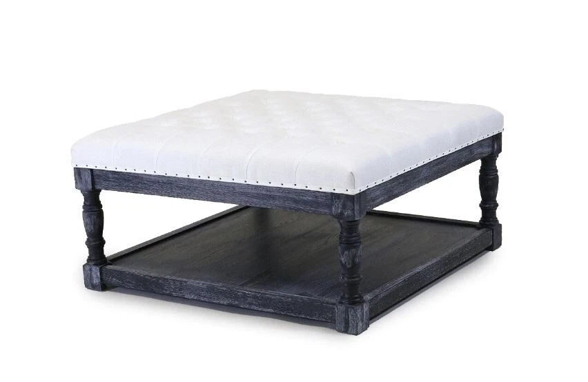 34 in Shelved Tufted Shelved Ottoman Table White Top Black Wood Durable Storage - Image 2 of 3