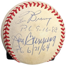 Tom Browning-Jim Bunning & Len Barker Signed Perfect Game Baseball