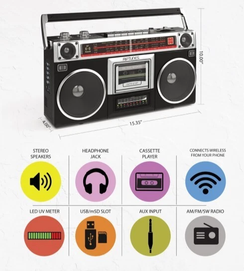 RIPTUNES Retro Radio Cassette Stereo Boombox AM/FM SW1/SW2 Bluetooth USB microSD - Image 4 of 4