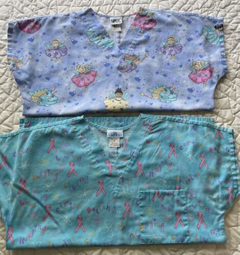 Scrub Tops Womans Size M “Simply Basic” Set Of 2 Fairies/Pink Ribbons - Picture 3 of 6