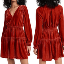 Ulla Johnson Audrey Velvet Long Sleeve V Neck Dress in Carnelian Women's Size 0