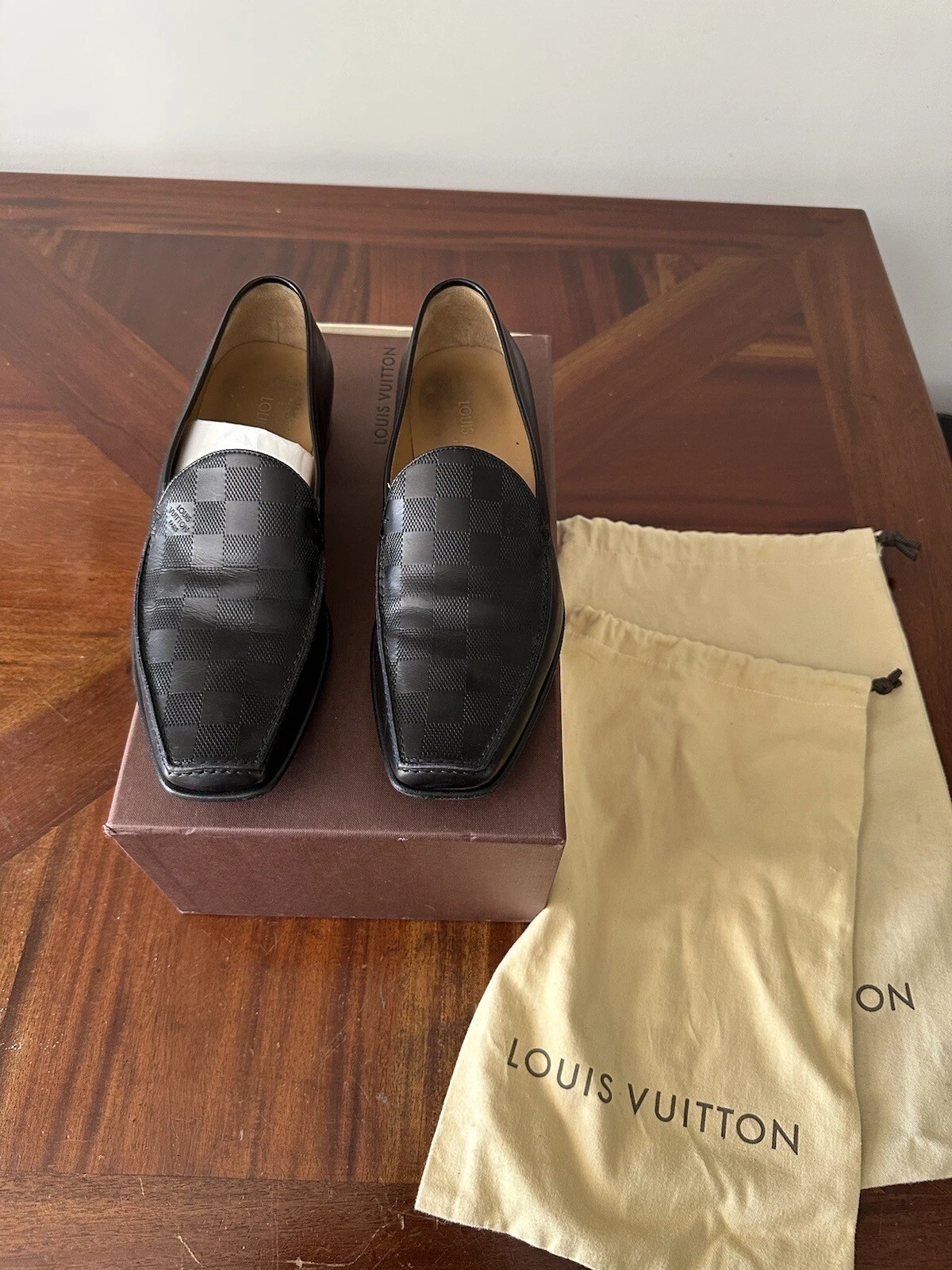 LOUIS VUITTON TRAINER $1200 NUOVI mocassini in pelle Louis Vuitton Damier neri US 9 UK 8 EU 42 scarpe LV