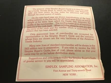 1922 NEW YORK ephemera Simplex Sampling Association, Inc / Buyer’s Guide Sample 