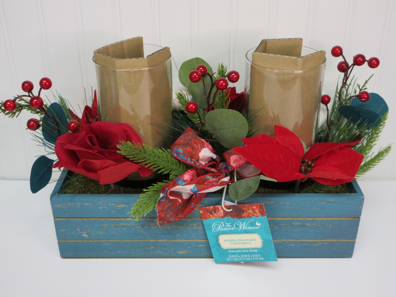 Pioneer Woman Christmas Hurricane Centerpiece Cheerful Rose Floral Wood Box Red