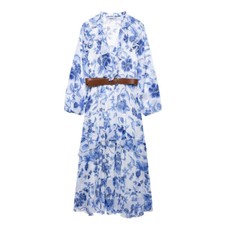 French Midi Dress V-neck Long Sleeve Belt Dress Blue and White
