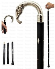 Silver Brass Elephant Head Sturdy Handle Vintage Black Wooden Cane Walking Stick