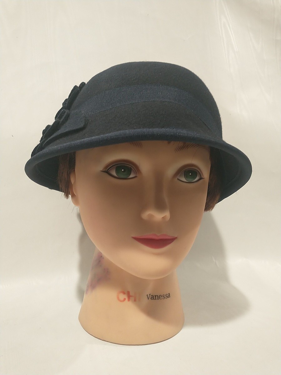 Nine West Womens Cloche Hat 100% Wool Flower Details Navy  display picture 3