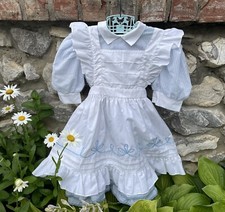   Vtg Blue  White Striped Dress  Pinafore Puff Sleeve Ruffles Little Girls sz 5