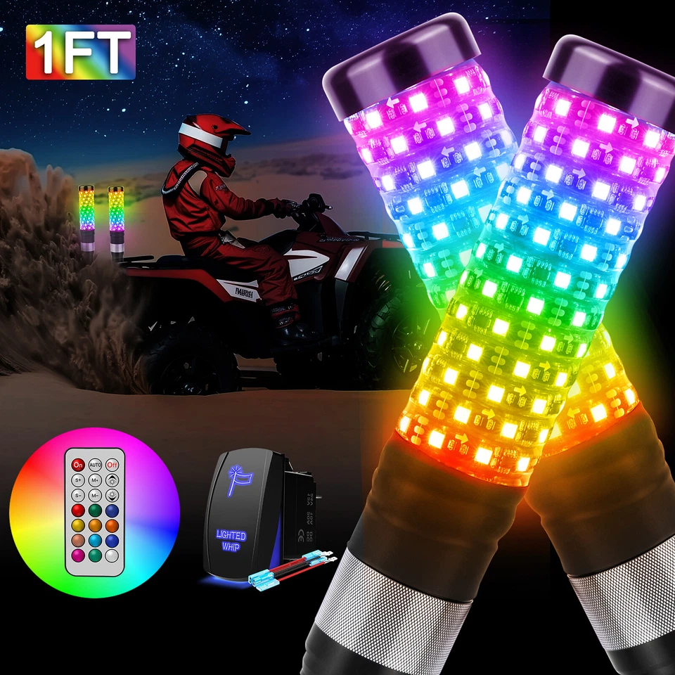 1FT Spiral LED Fat Whip Light Remote RGB Antenna Chasing For UTV RZR Motorcycles - Image 3 of 4