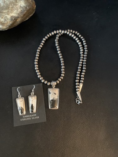 Navajo White Buffalo Turquoise Pendant Sterling Dangle Earrings 14099 - Picture 8 of 12