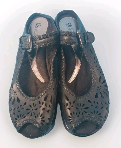 Womens Peep Toe Cloggs Sz 7 Floral Cut Out Boho Black Leather White Mountain