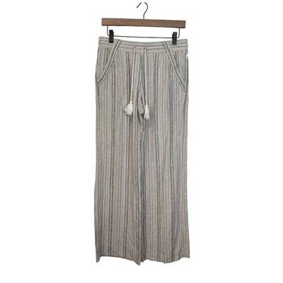 Jolt Linen Blend Wide Leg Striped Pants Gray Beige Tassel Boho Size M