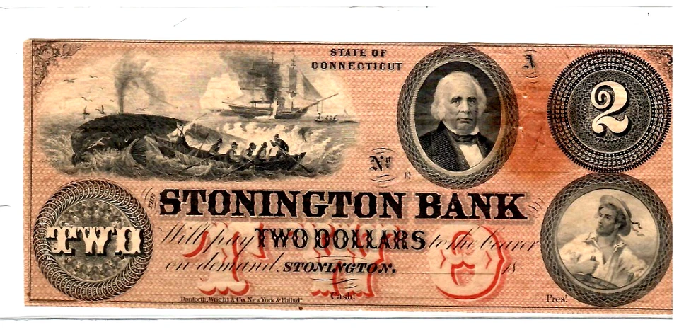 $2 "WHALING SCENE" 1800'S (CONNECTICUT) "STONINGTON BANK" BEAUTIFUL!!!!!! $2 - Image 2 of 3