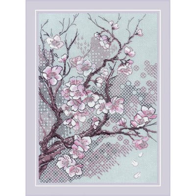 Riolis Blackwork Stickset ''Pflaumenblüte '', Zählmuster, 21x30cm
