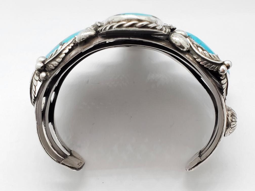 925 Solid Silver Cabochon Cut Turquoise Cuff Brac… - image 5