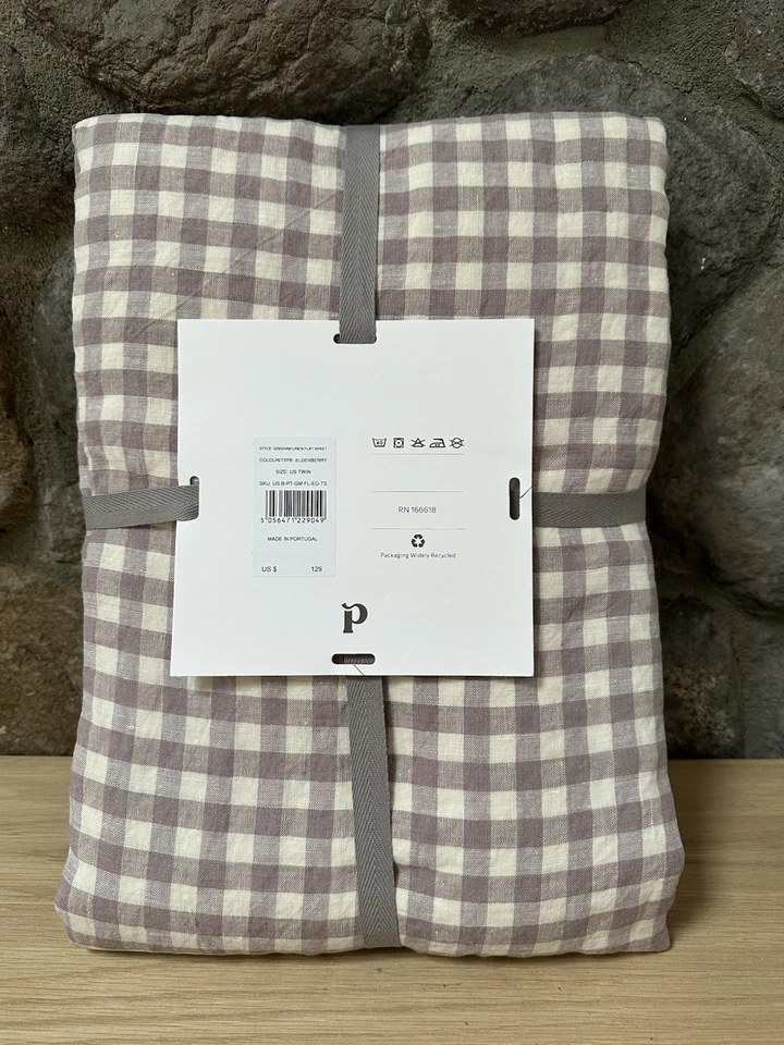 NWT Piglet In Bed TWIN Flat Sheet Elderberry Gingham 100% Linen - Image 2 of 4
