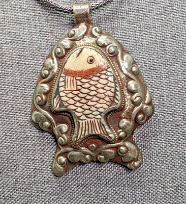 Vintage Fish Tribal Tibetan Necklace Pendent Hand Carved Fishing Belly Dance