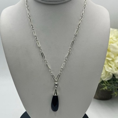 ELLE 925 Sterling Silver Black Onyx Teardrop White Topaz & Ruby GemNecklace 18''