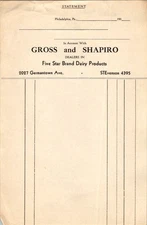 1930s Gross & Shapiro Five Star Brand Dairy Business Statement Form Philadelphia