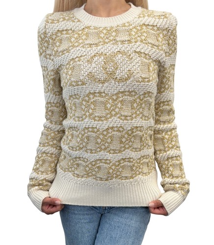 CHANEL P63133 CC Logo Cashmere Knit Sweater Top #34 Beige Cream Cotton