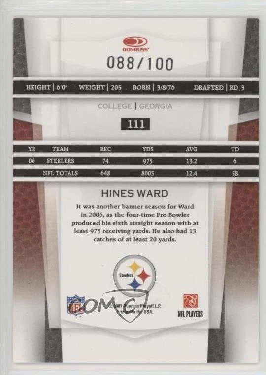 2007 Leaf Certified Materials Mirror Red /100 Hines Ward #111 - Image 2 of 2