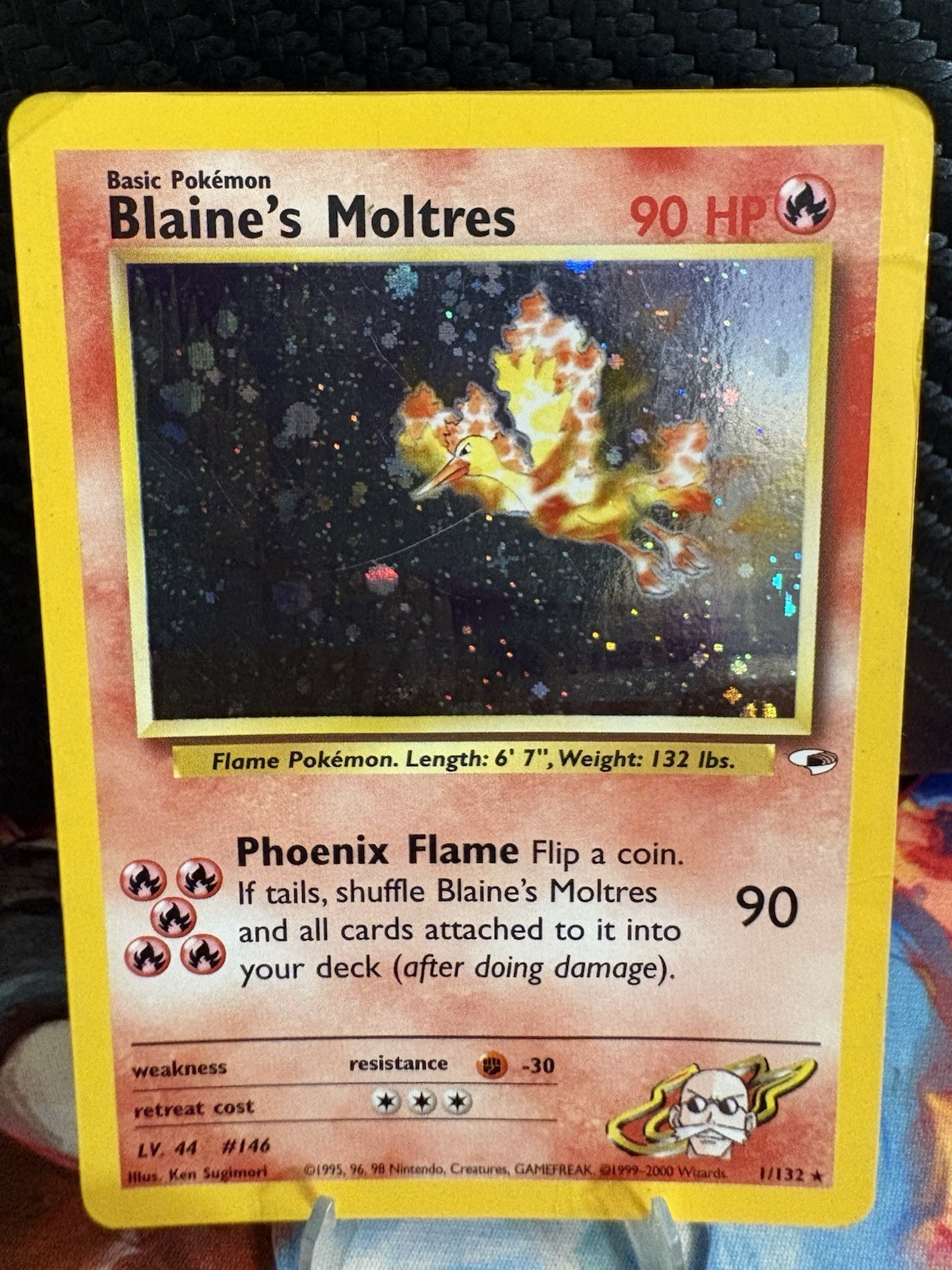 Blaine’s Moltres 1/132 Holo Rare Gym Heroes WOTC Pokemon Card MP Crease
