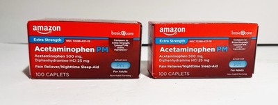 2 Pack Amazon Basic Care Acetaminophen PM Caplets Pain 100 Caplets Each Exp 1/27