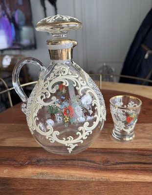 ANTIQUE European HAND PAINTED GLASS Decanter Gold Gilding Estate Piece Decanter