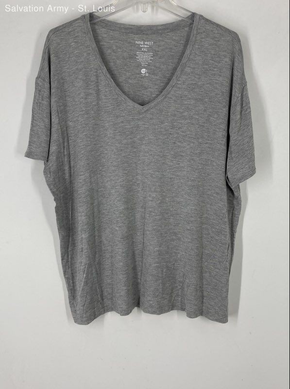 Nine West Womens Gray Heather Short Sleeve V-Neck Pullover T-Shirt Size 2XL