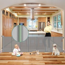 100" Extra Wide Retractable Baby Dog Gate Gray Reinforced Mesh Safety Gate