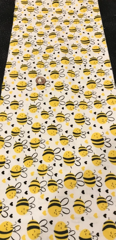 Yellow & Black on White *Bees*Hearts* Timeless Treasures * 100% Cotton * 8"x 22" - Image 2 of 4