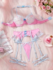 Women sexy patchwork embroidered flowers with underwire bra Garter leg band thon