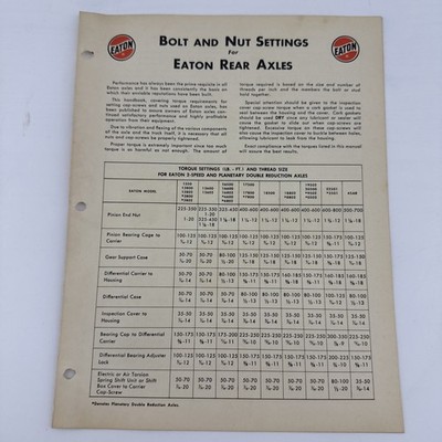 Eaton Bolt and Nut Settings Rear Axles Technical Flyer 1960s