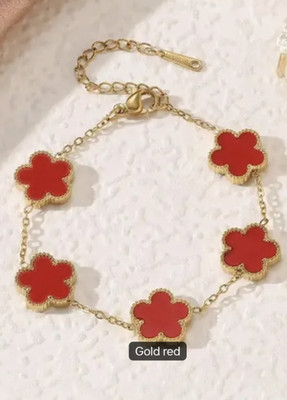 Gold Tone Cable Chain Bracelet Red Enamel Clover Dangle Charm Lobster Adj