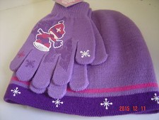 2 PC Set Knit HAT  GLOVES Purple Pink Snowflake CAP WINTER Skier Girl SZ 4 - 6