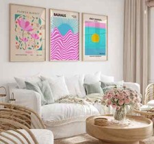 Set of 3 Exhibition Wall Art Pink Blue Matisse Flower Market Bauhaus Poster