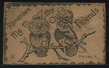 IN Lafayette LEATHER PC 1907 COMIC REMEMBER ME to MY OWL'd FRIENDS Owls on Perch