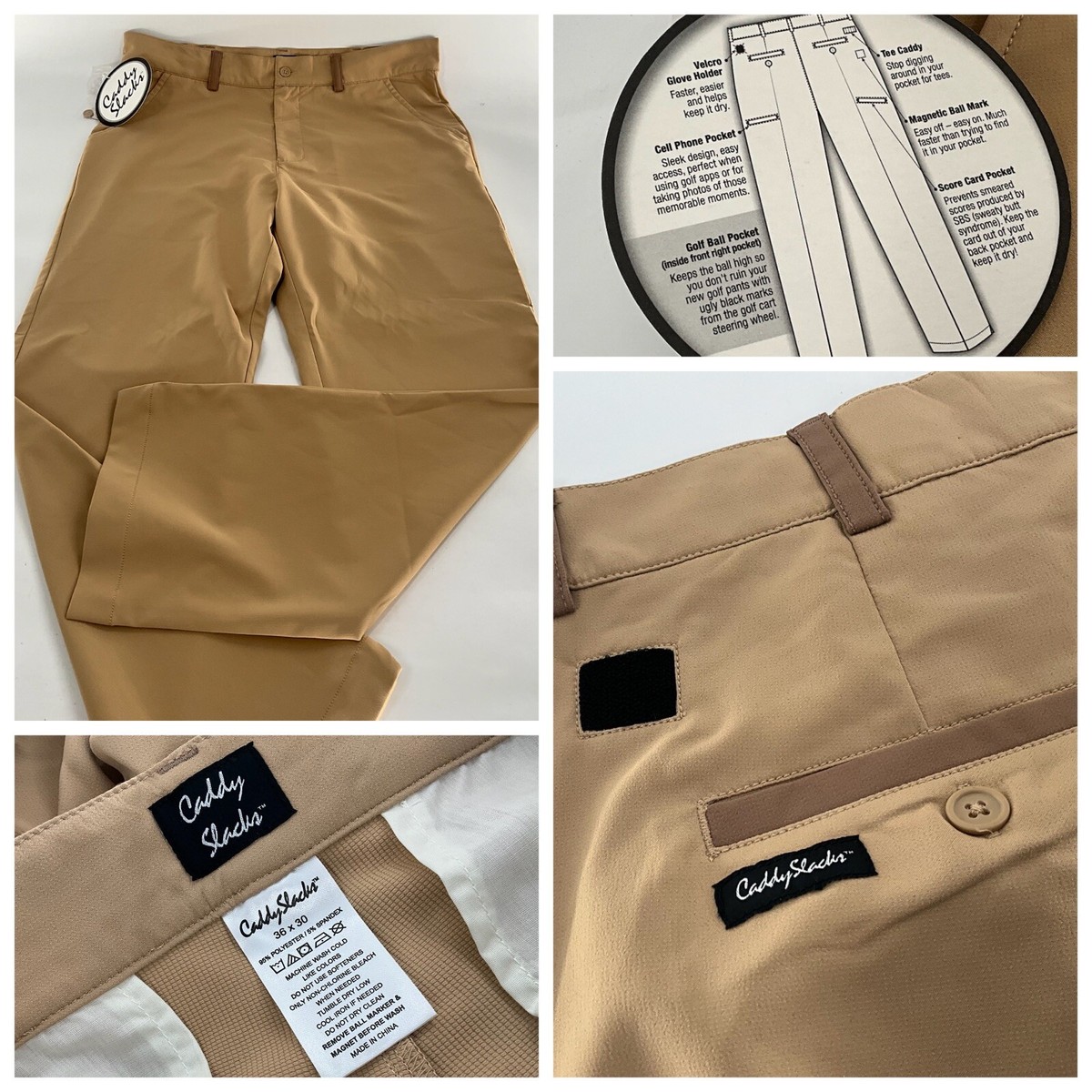 Caddy Slacks Golf Pants 36x30 Men Tan Polyester Spandex NWT YGI E4