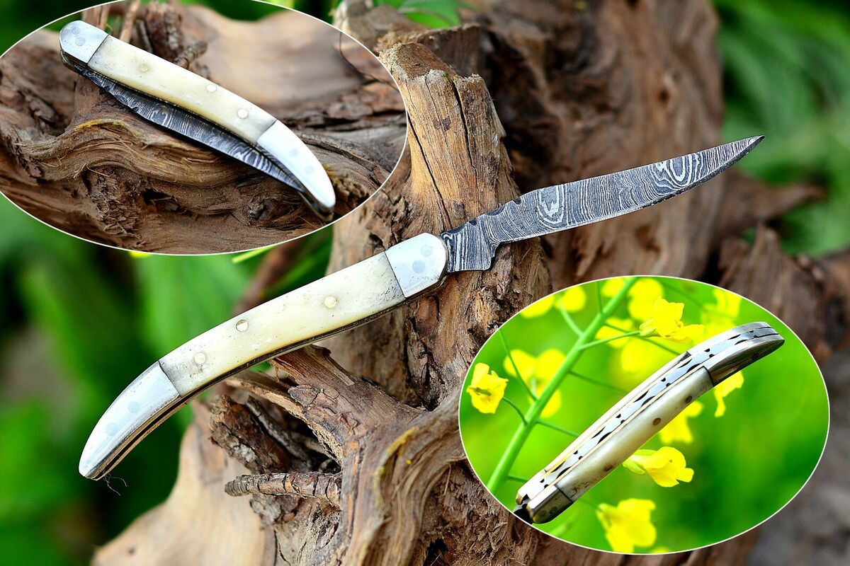 Cutom Handmade Damascus Steel Texas Toothpick Folding Pocket Knife With  Sheath